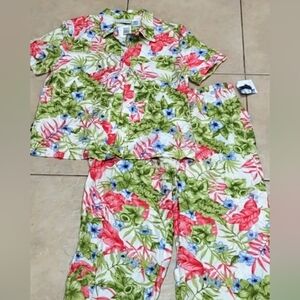 Jaclyn Smith Vintage Two Piece Floral Capri Pants & Top Set Size Large New